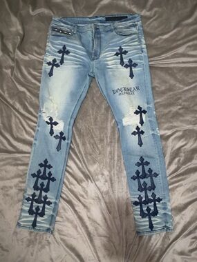 Light Blue Straight Jeans with Navy Cross Appliqués